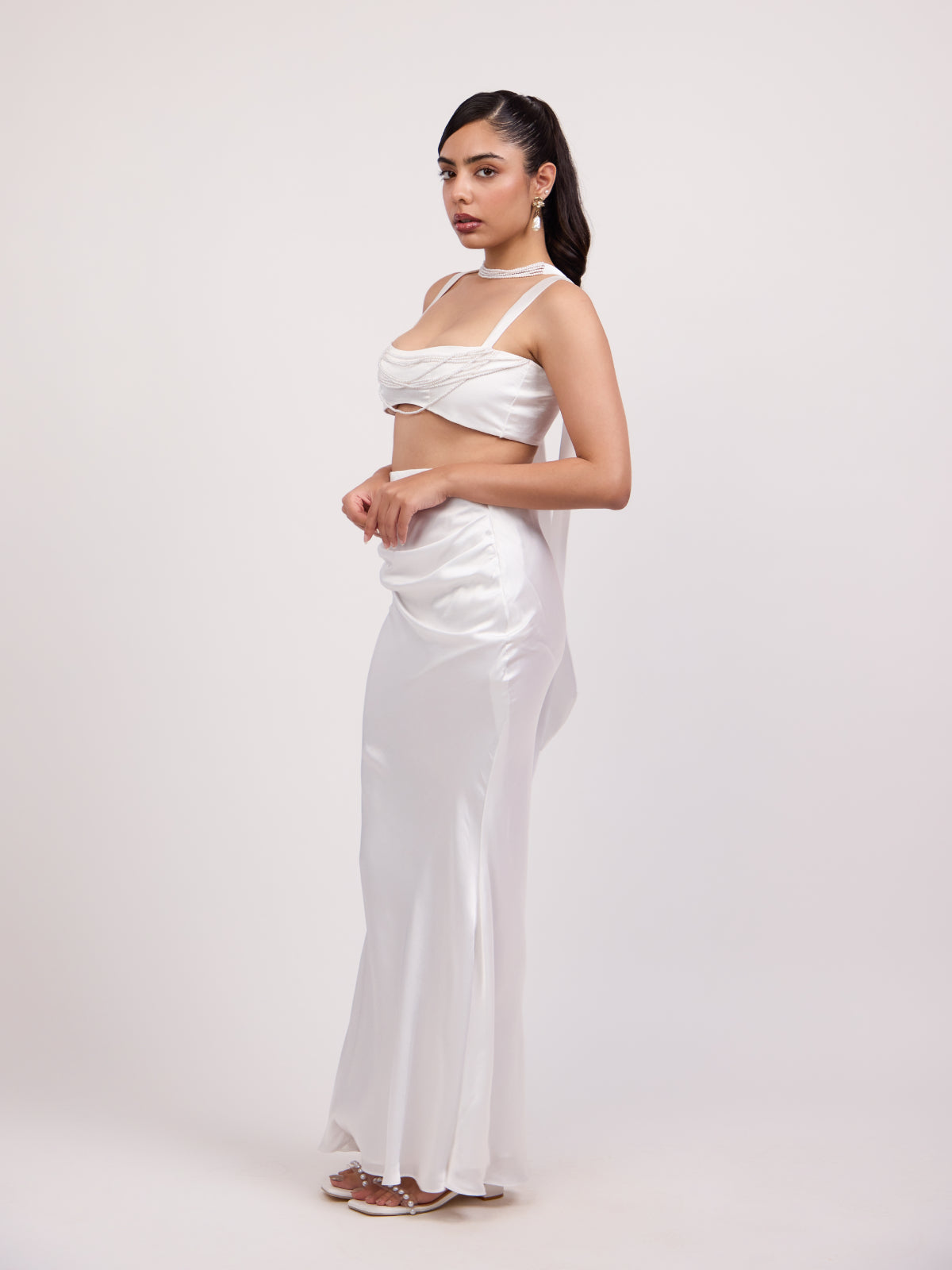 Rose Satin Flared & Draped Skirt Set