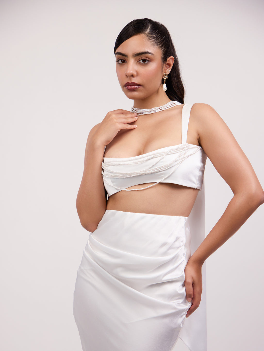 Rose Satin Flared & Draped Skirt Set