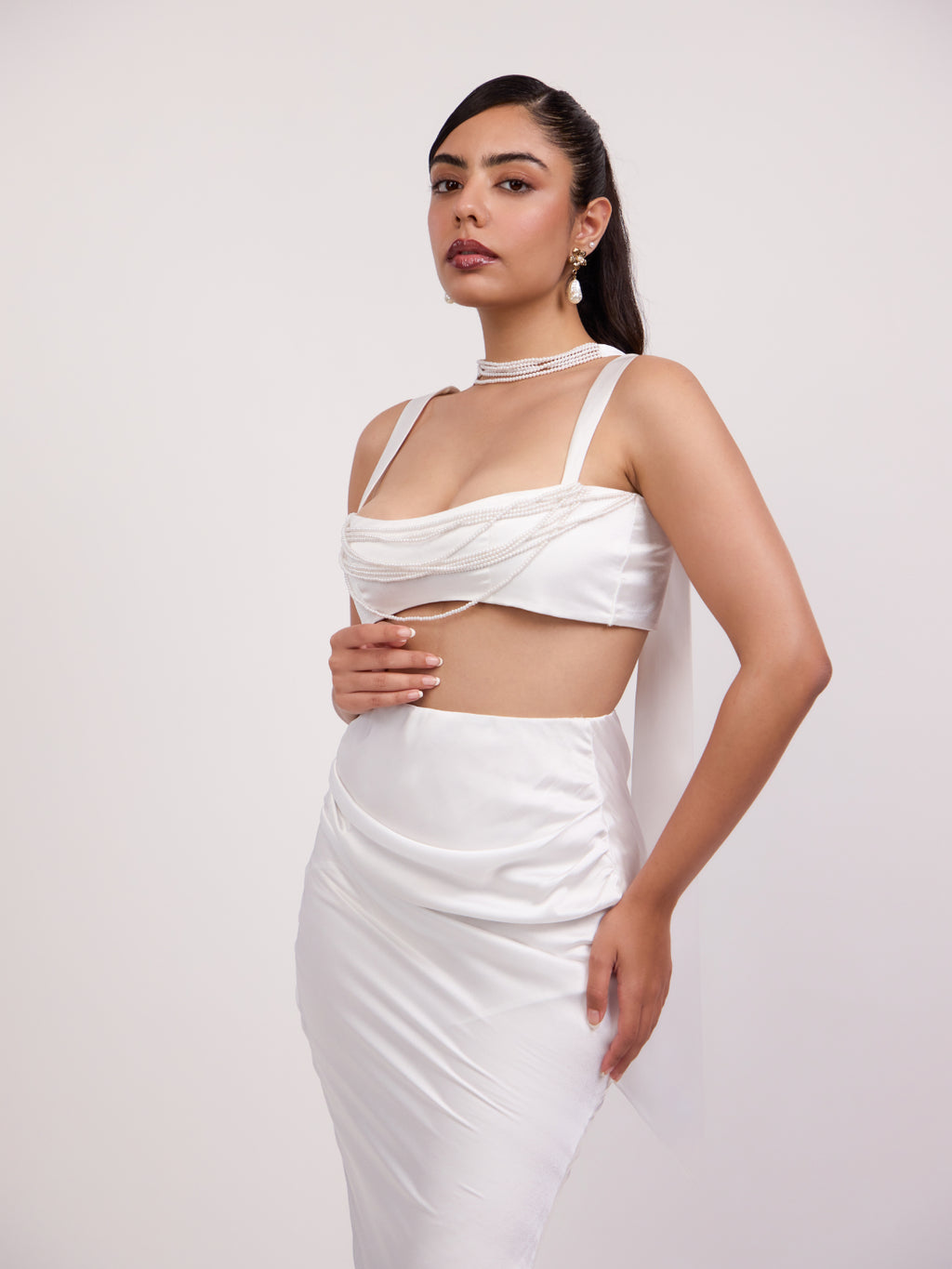 Rose Satin Flared & Draped Skirt Set