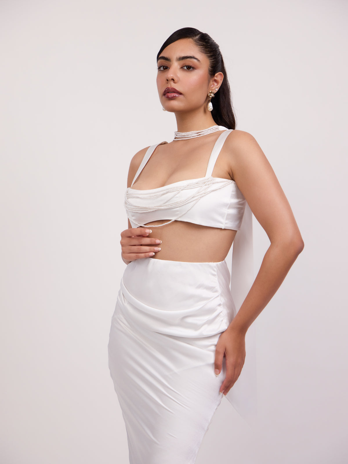 Rose Satin Flared & Draped Skirt Set