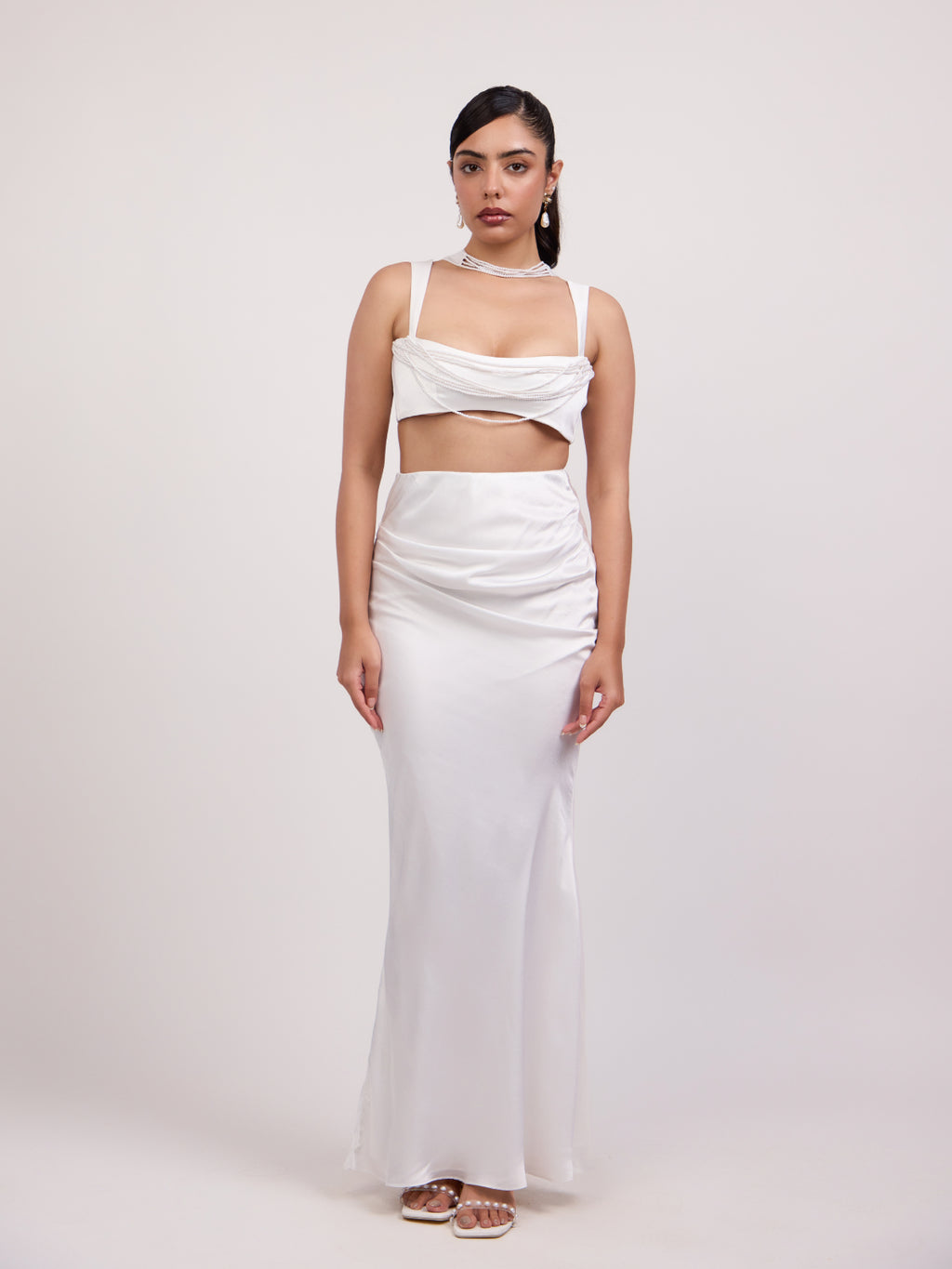 Rose Satin Flared & Draped Skirt Set