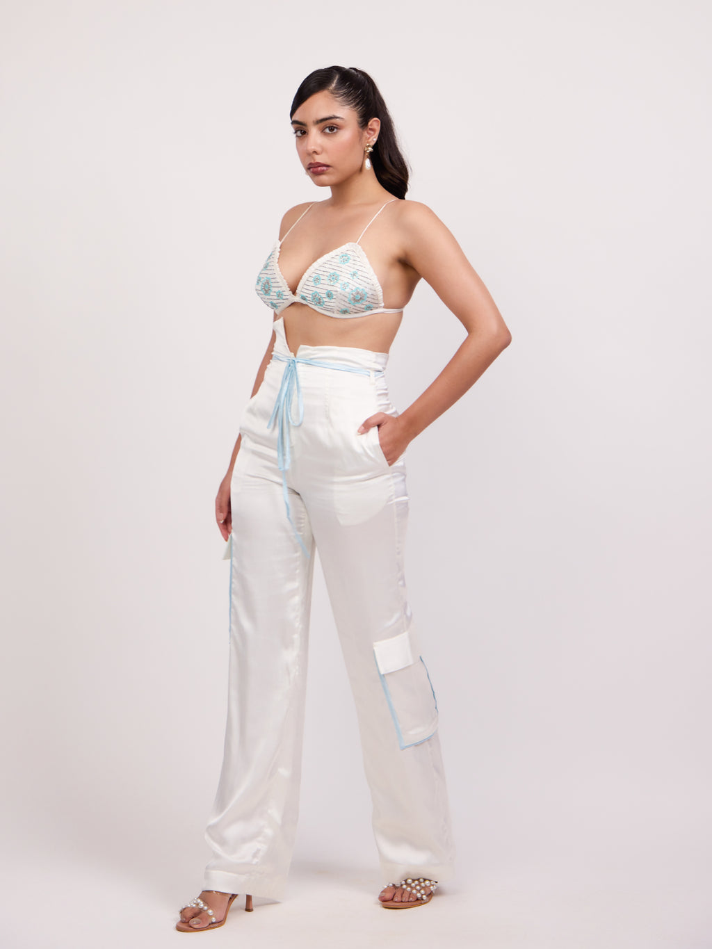 Tina Embroidered Satin Bikini Top