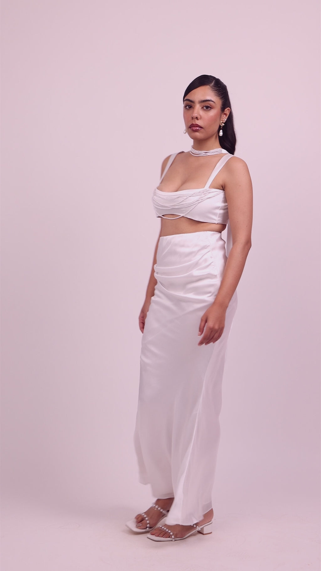 Rose Satin Flared & Draped Skirt Set