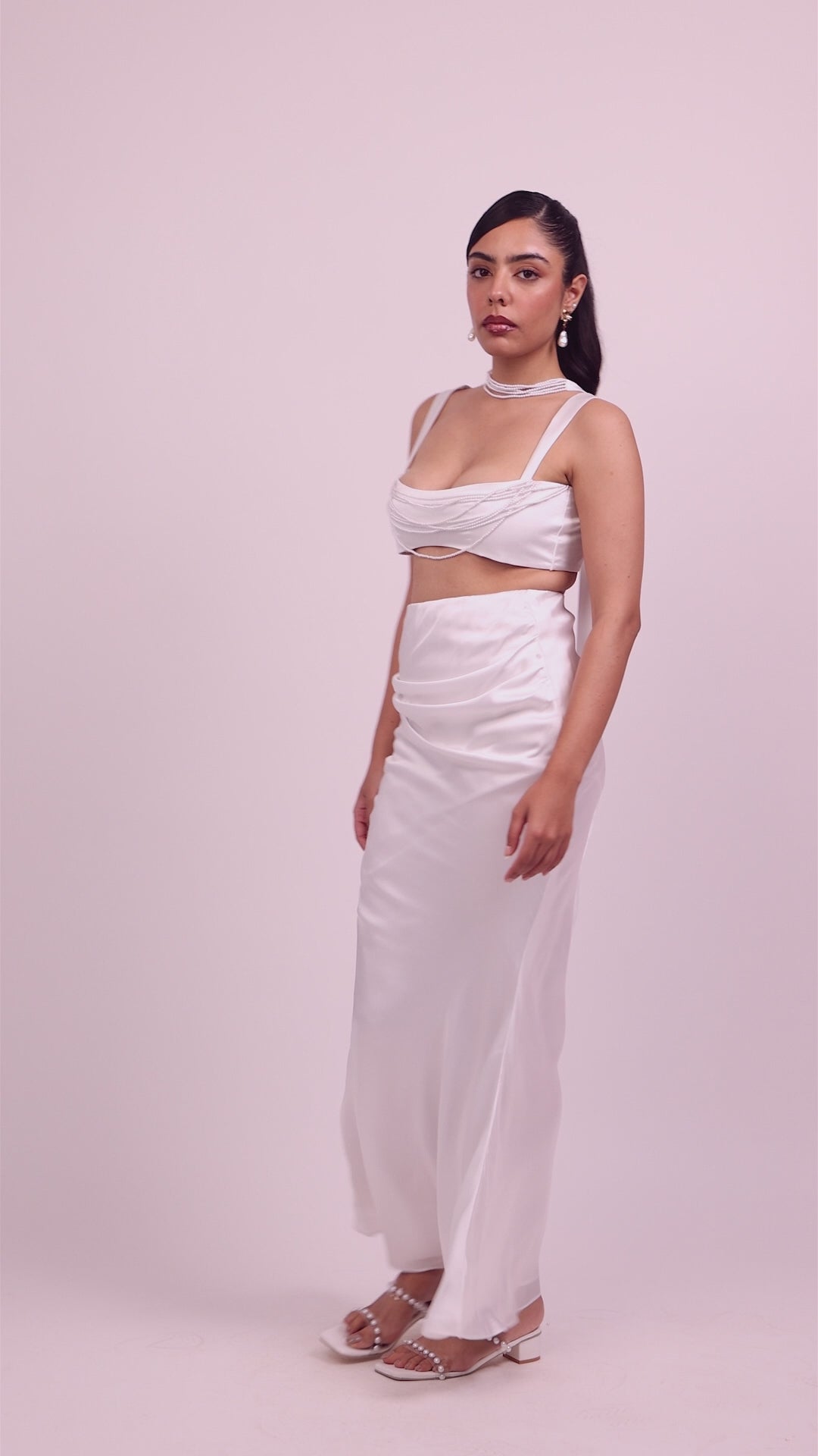 Rose Satin Flared & Draped Skirt Set
